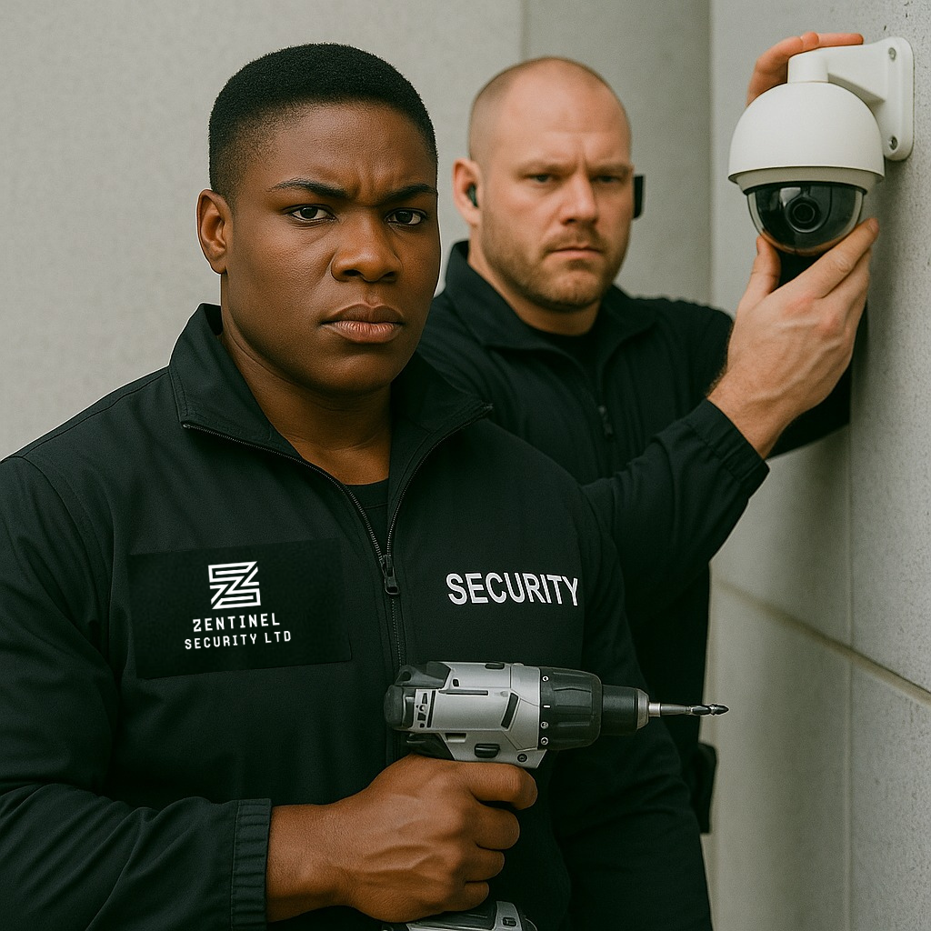 Technician installing a CCTV camera